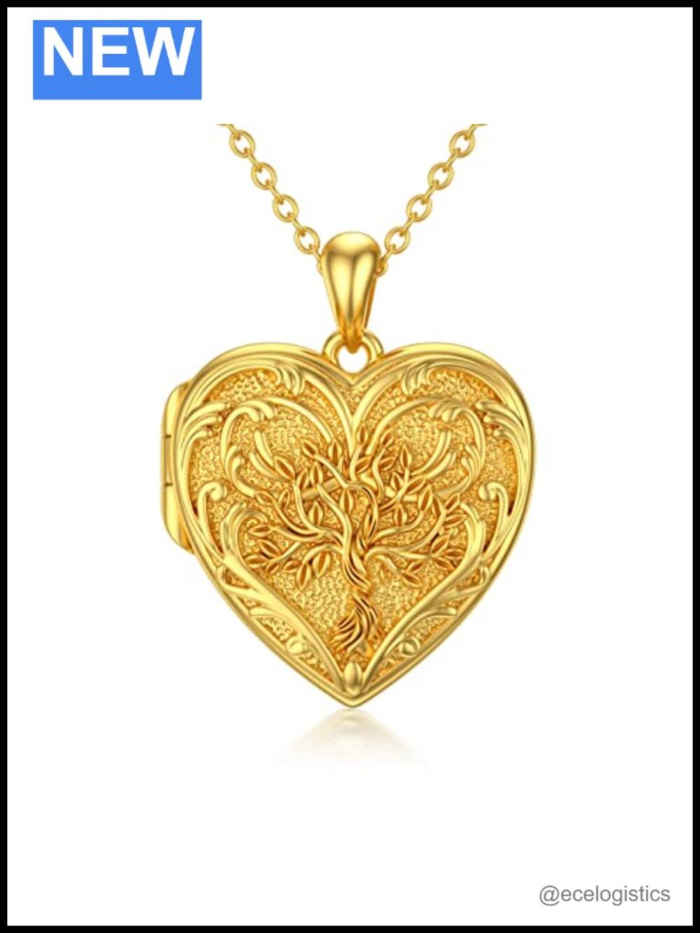 10K Gold Plated Heart Locket Necklace Tree of Life, Holds Photo